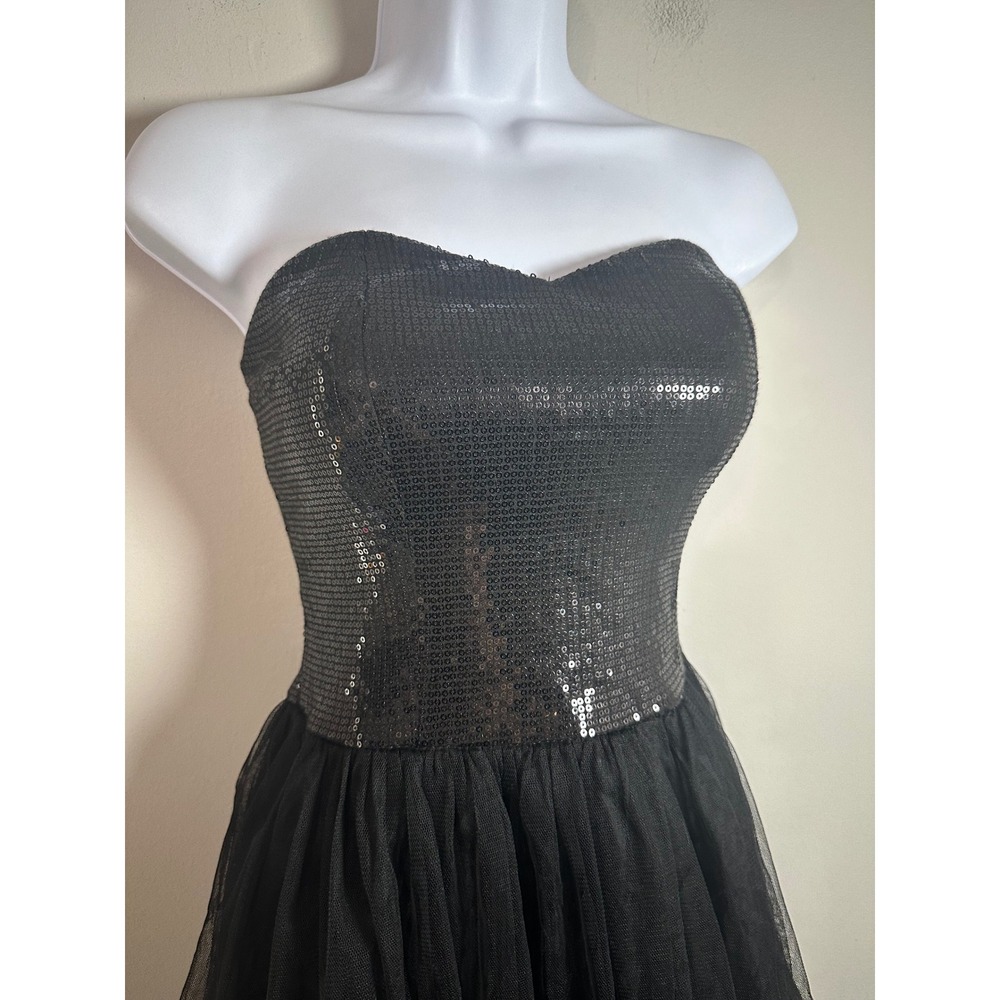 Forever 21 Black Sequin Tulle Strapless Sweetheart Mini Dress Y2K Medium - Picture 3 of 6